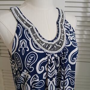 Apt 9 Small Halter Style Beaded Rounded-v-Neck Royal Blue White paisley A-line